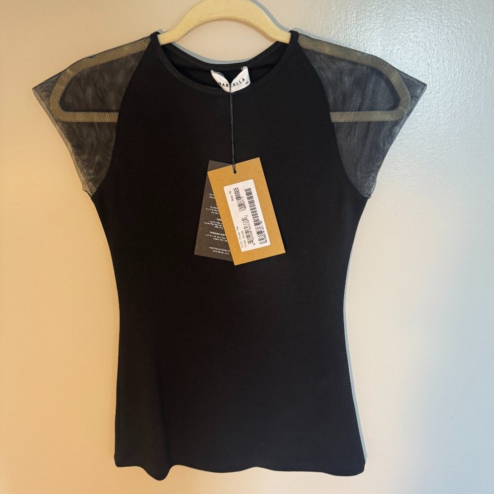 Marcella NYC Black Cap Sleeve Top w/ Sheer Mesh Shoulders — Size XS (NWT)